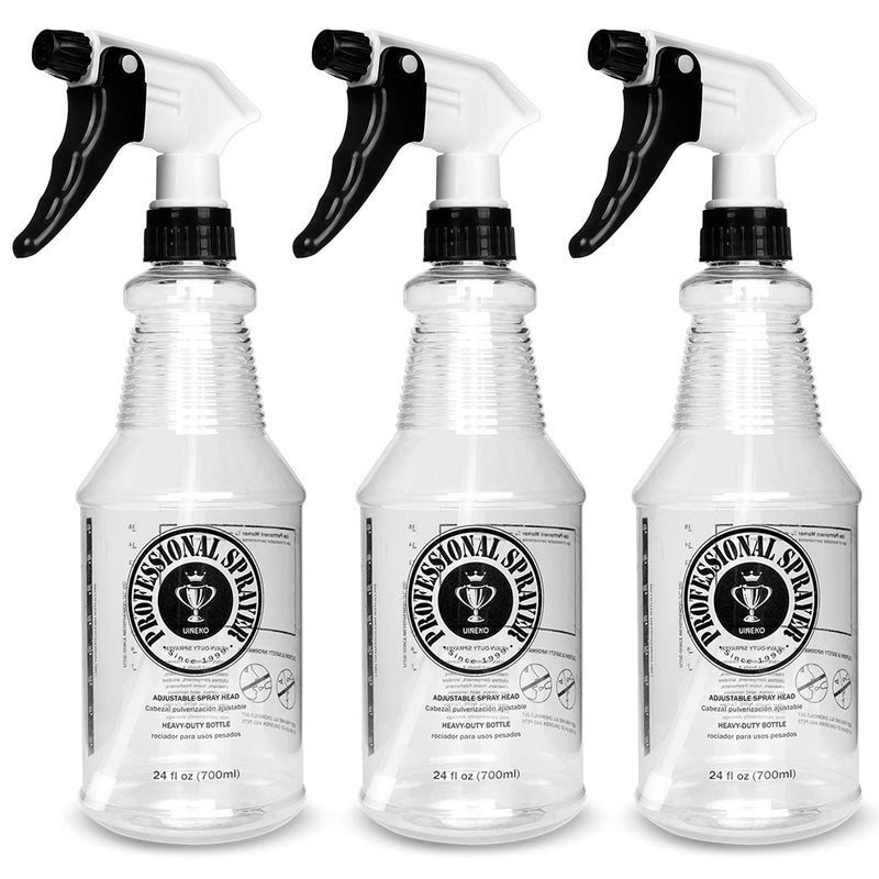 Uineko Plastic Spray Bottle (24oz 3 Pack) for Cleaning Solutions, Car Detailing Care, Planting, Pet, Clear Finish, Heavy Duty Empty Spraying Bottles Mist Water Sprayer with Measurements & Adjustable Nozzle - Image 1